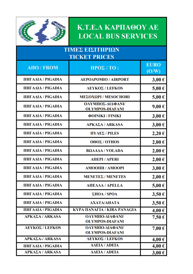 Karpathos bus schema prijzen 2024