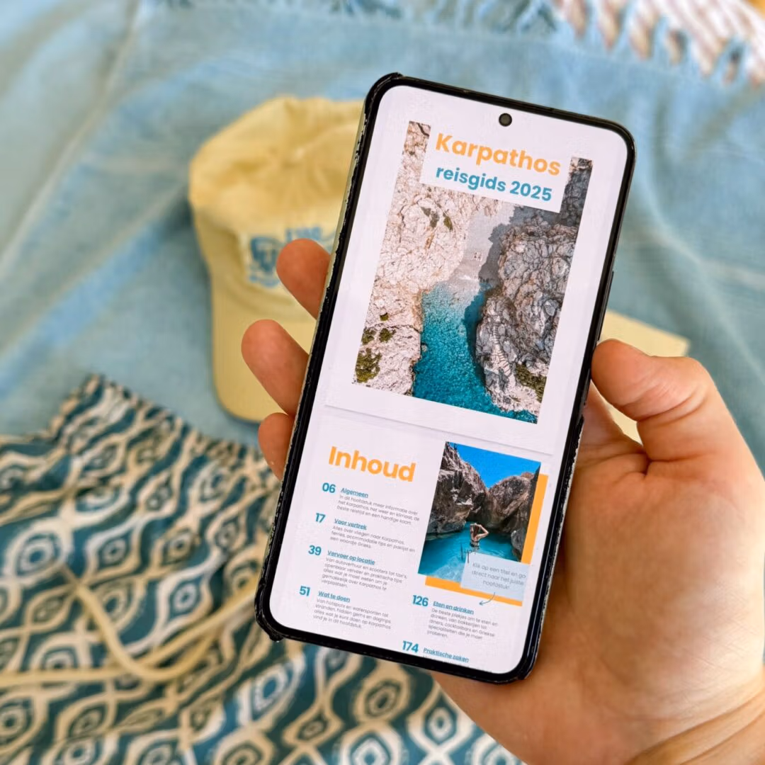 Karpathos reisgids 2025 flatlay Deze gids is superpraktisch, persoonlijk getest en alles staat overzichtelijk bij elkaar. Geen eindeloos zoeken meer op het internet of in Facebookgroepen, maar direct de beste tips van iemand die het eiland écht kent.</p>
<p>
