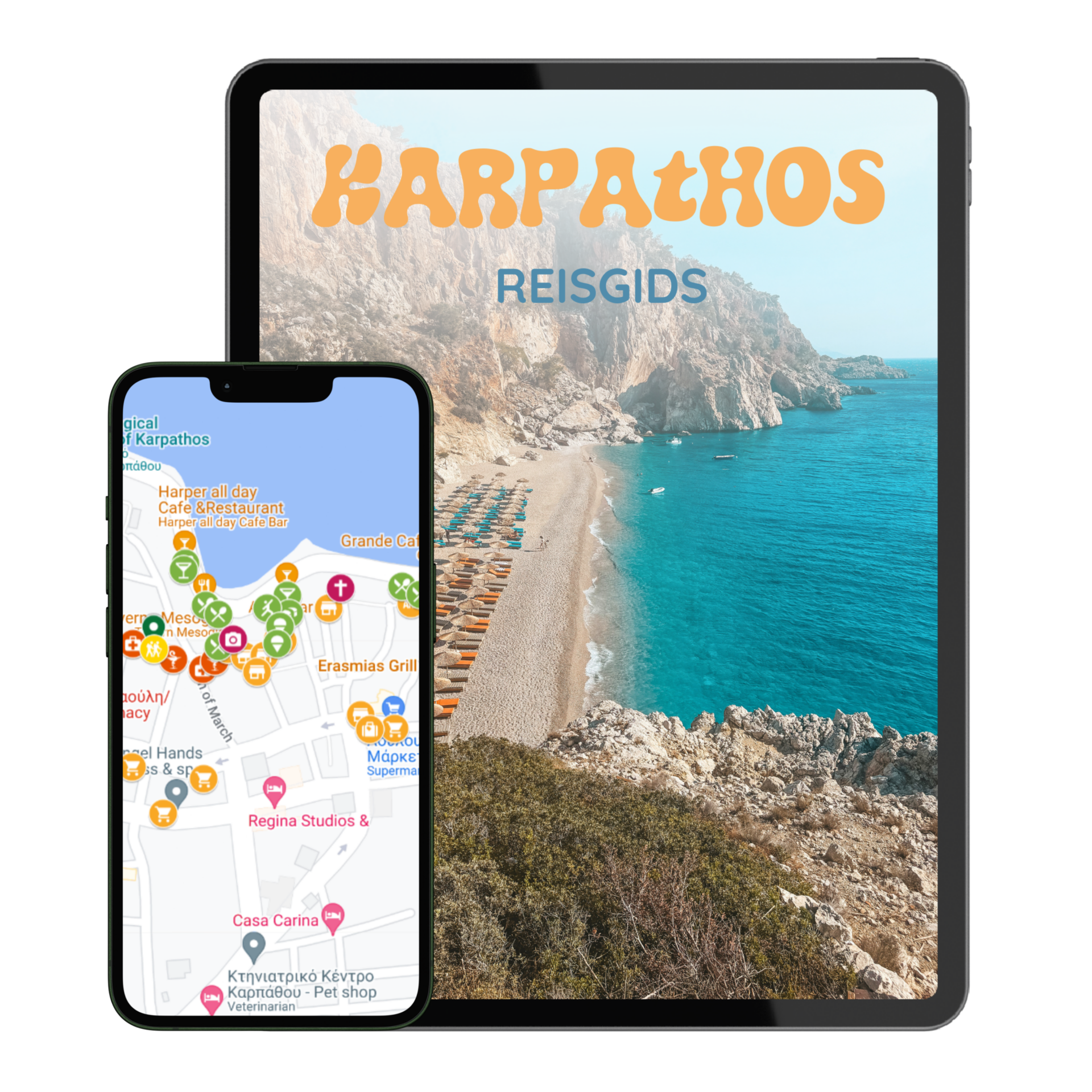 Mockup van tablet en mobiel met de Karpathos reisgids digitaal 