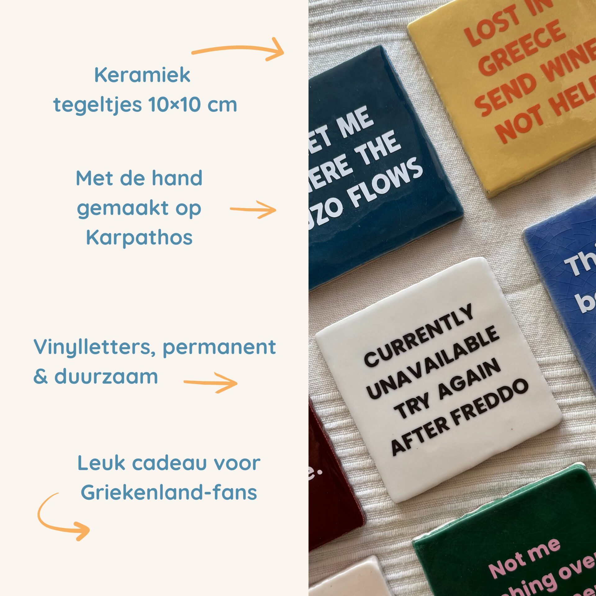 Keramiek tegeltjes 10x10 cm, met de hand gemaakt op Karpathos met permanente vinylletters